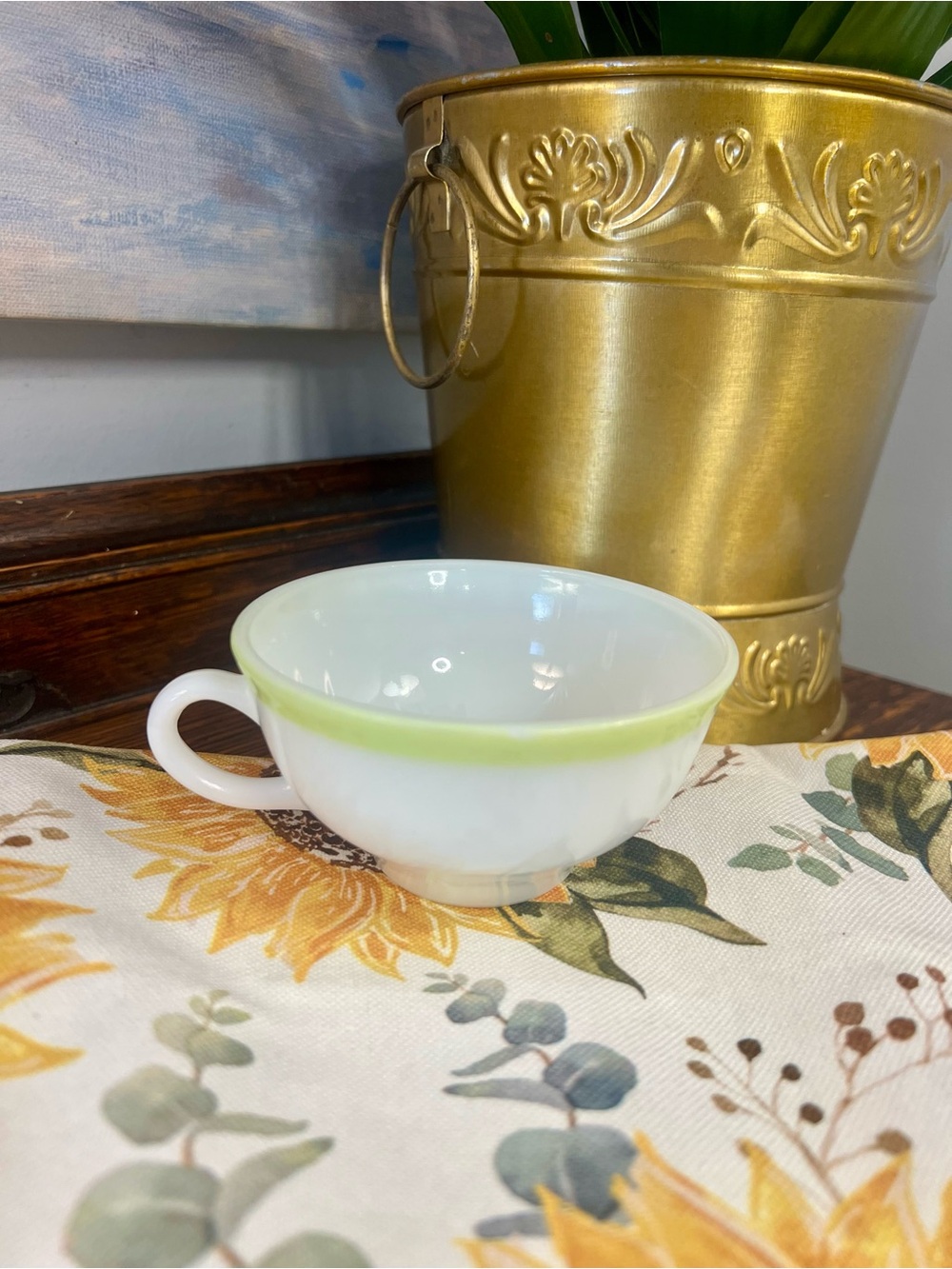 Vintage Pyrex Lime Green Striped Milk Glass Teacup